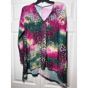 White Birch Womens Multi Color Tie Dye Animal Print V-Neck Tunic Top M